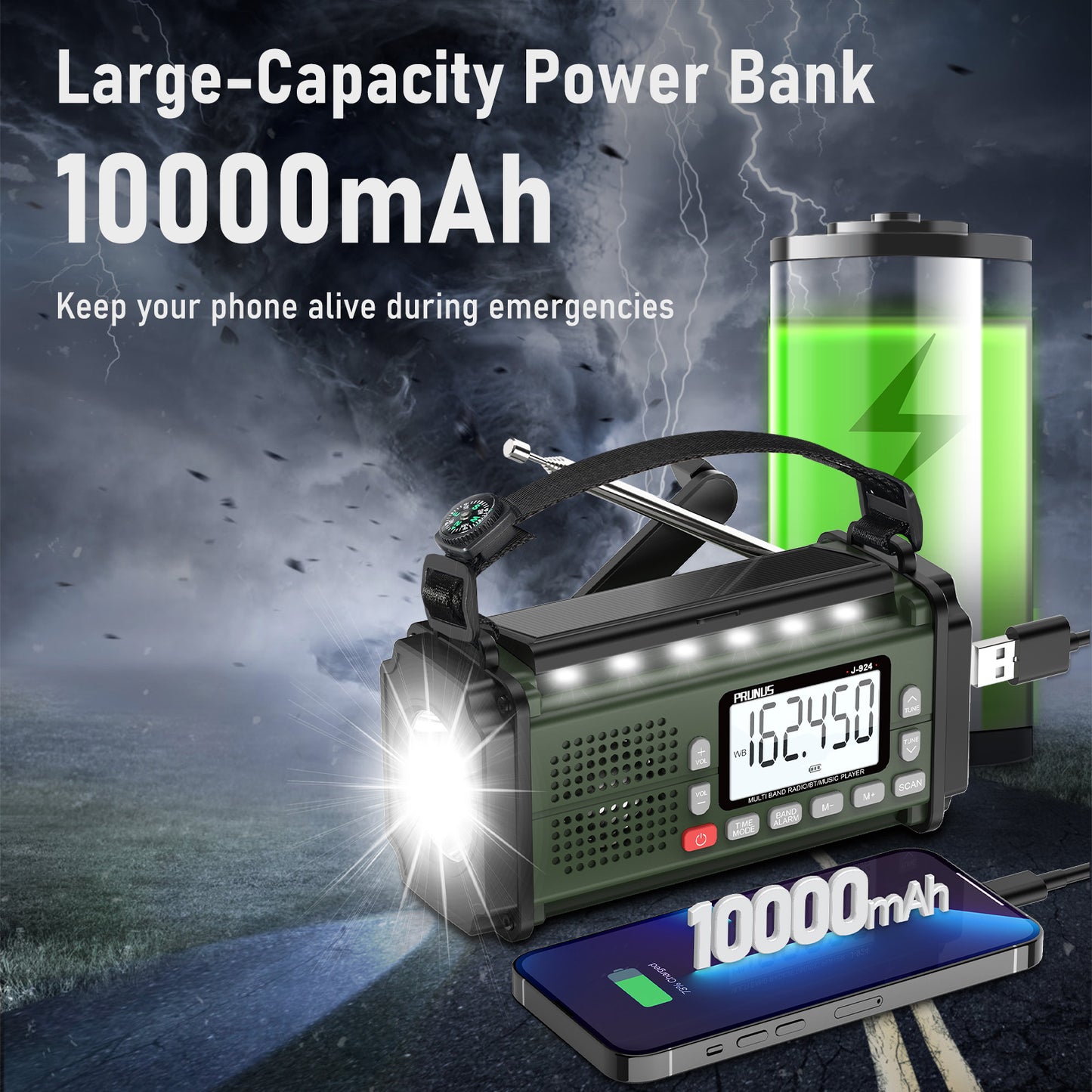 PRUNUS 10000mAh Hand Crank Radio: Solar, NOAA, Power Bank