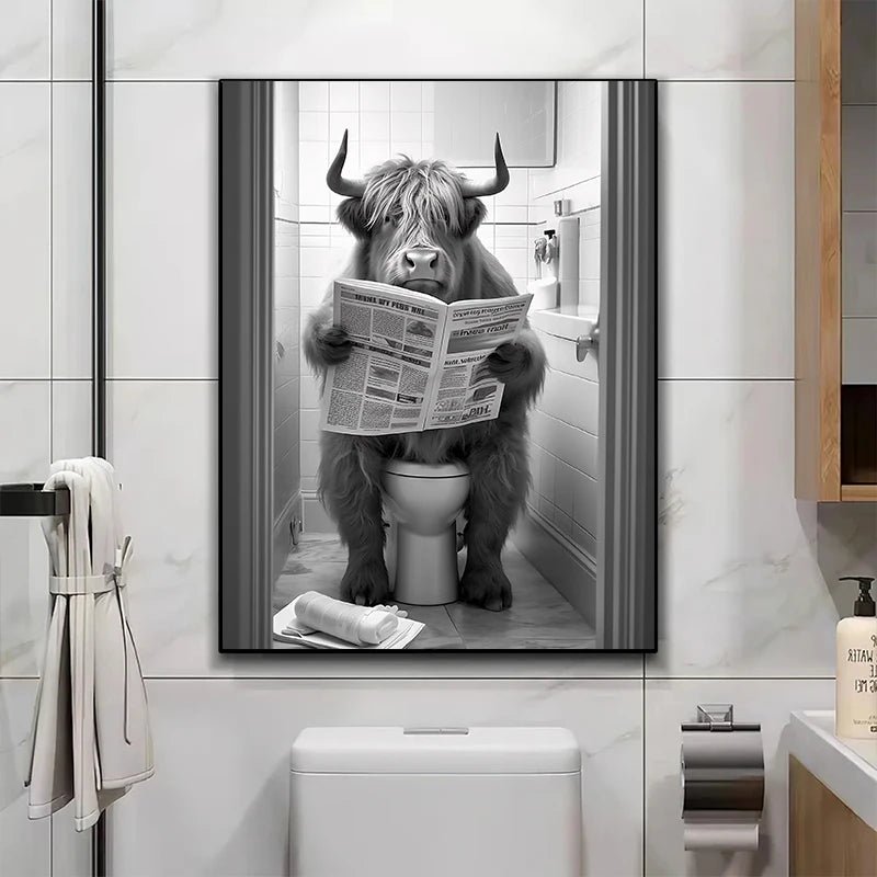 Funny Bathroom Lion Cow Poster - Quirky Wall Art Canvas