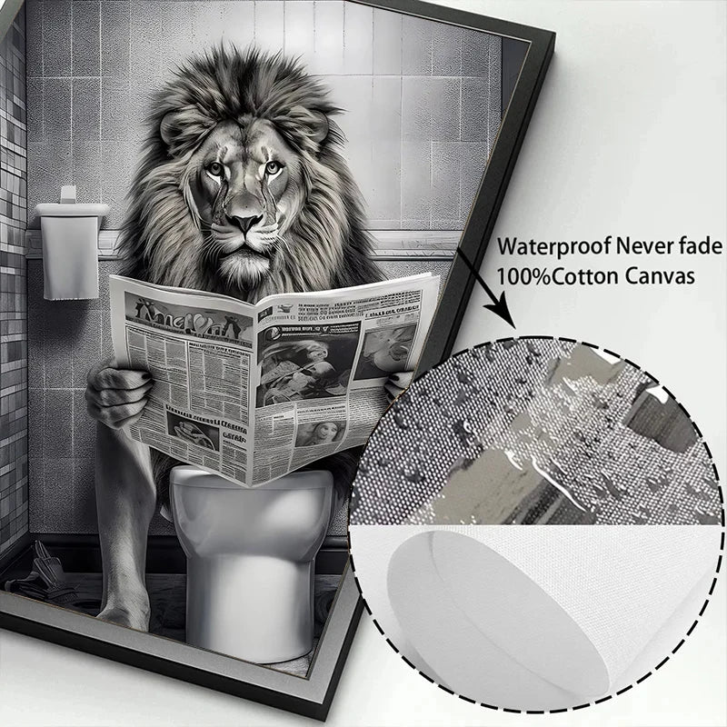 Funny Bathroom Lion Cow Poster - Quirky Wall Art Canvas