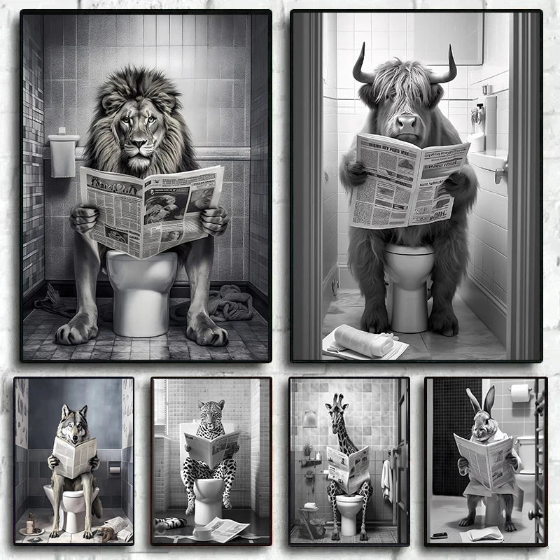 Funny Bathroom Lion Cow Poster - Quirky Wall Art Canvas