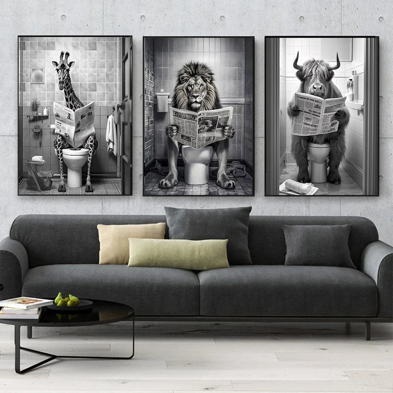 Funny Bathroom Lion Cow Poster - Quirky Wall Art Canvas