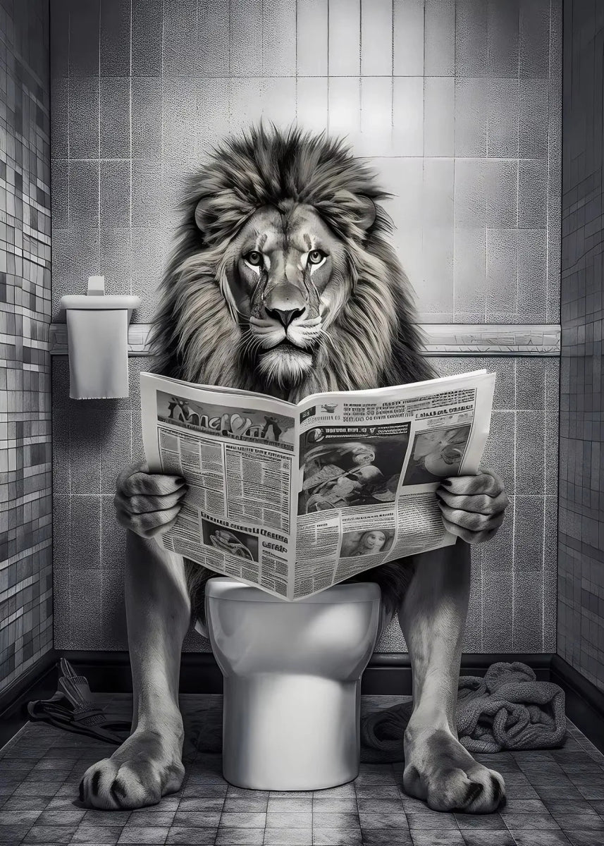 Funny Bathroom Lion Cow Poster - Quirky Wall Art Canvas