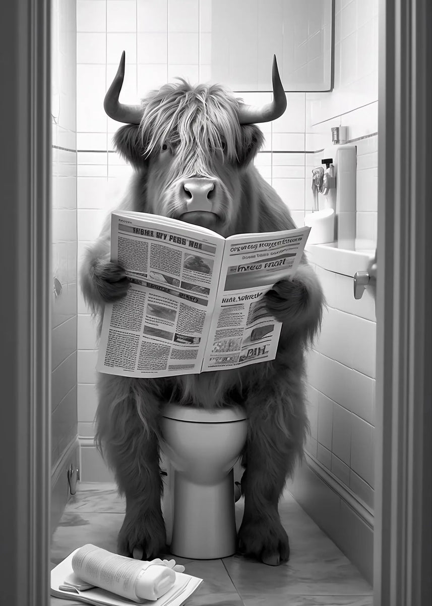 Funny Bathroom Lion Cow Poster - Quirky Wall Art Canvas
