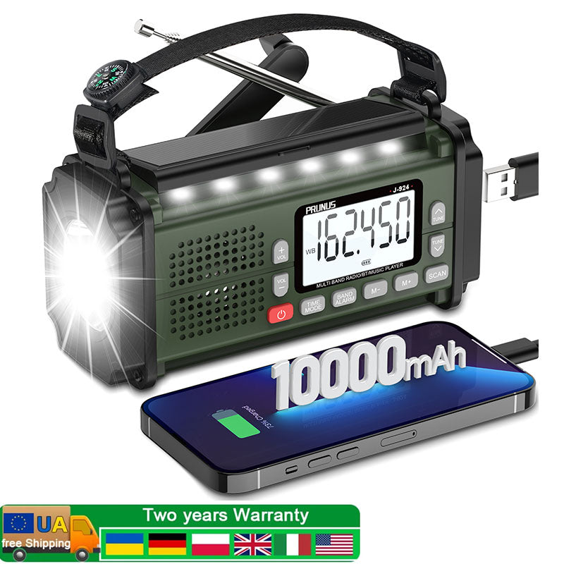 PRUNUS 10000mAh Hand Crank Radio: Solar, NOAA, Power Bank
