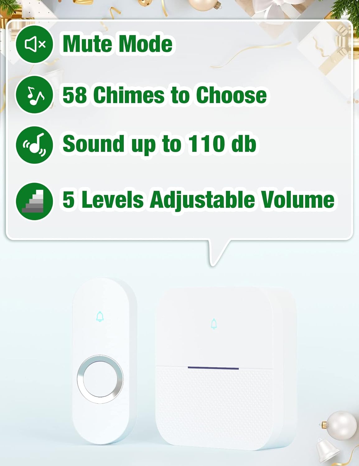 Waterproof Wireless Doorbell - 1000ft Range, 58 Chimes, LED
