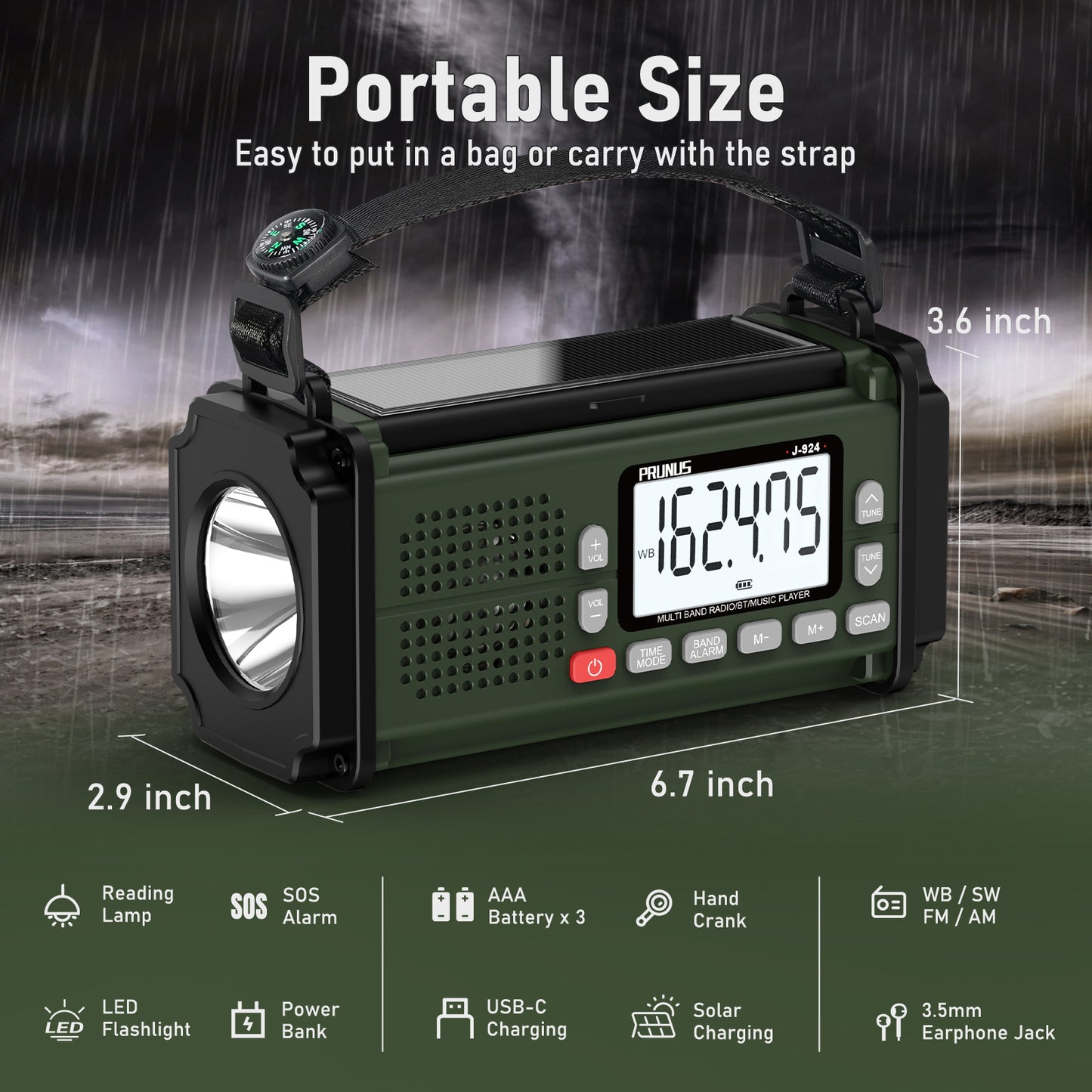 PRUNUS 10000mAh Hand Crank Radio: Solar, NOAA, Power Bank
