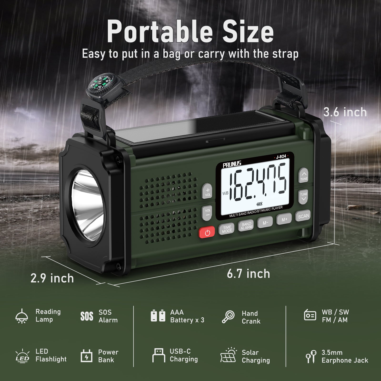 PRUNUS 10000mAh Hand Crank Radio: Solar, NOAA, Power Bank