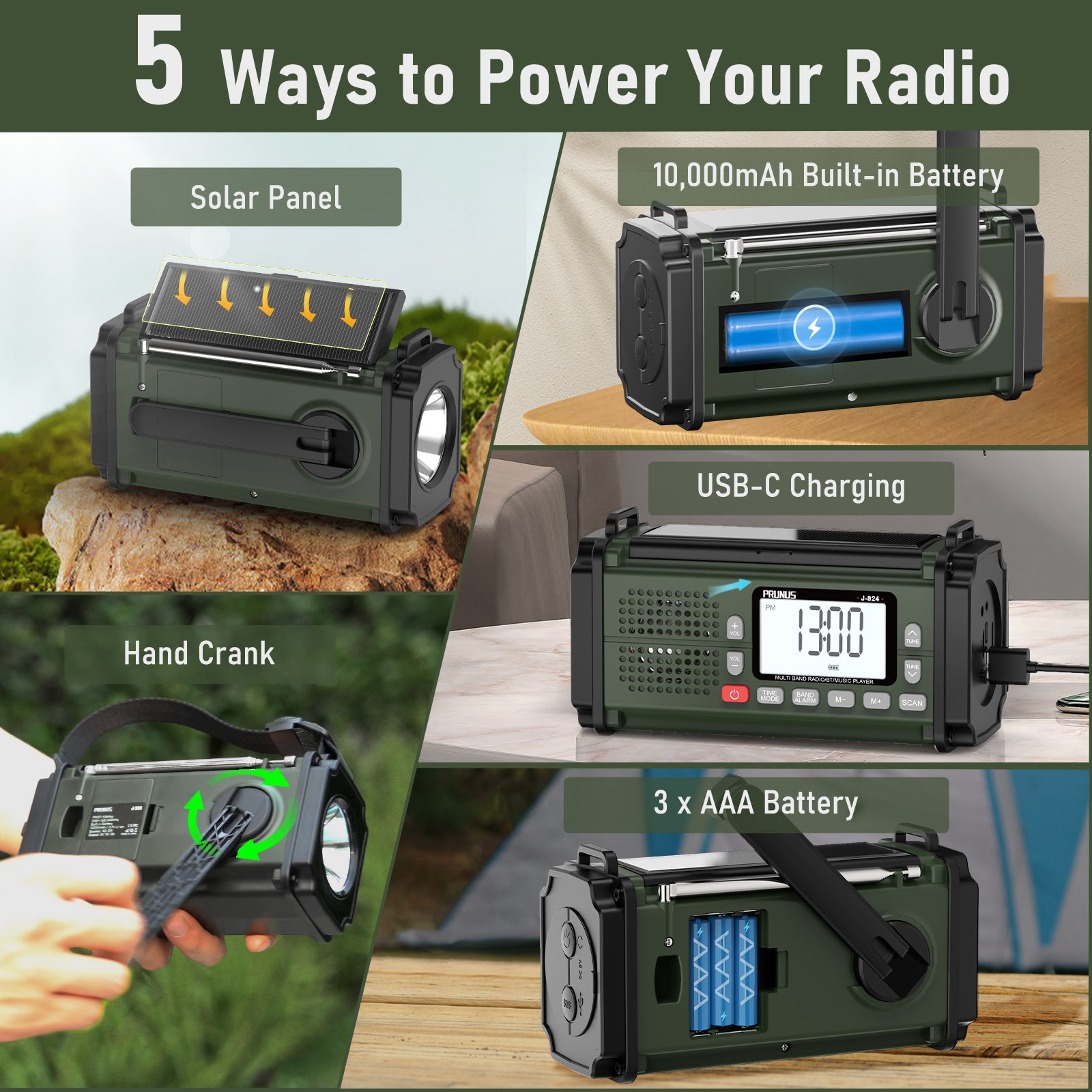 PRUNUS 10000mAh Hand Crank Radio: Solar, NOAA, Power Bank