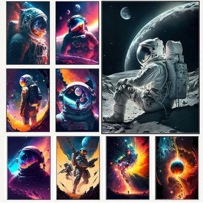 Colorful Space Astronaut Moon Poster Canvas Wall Art